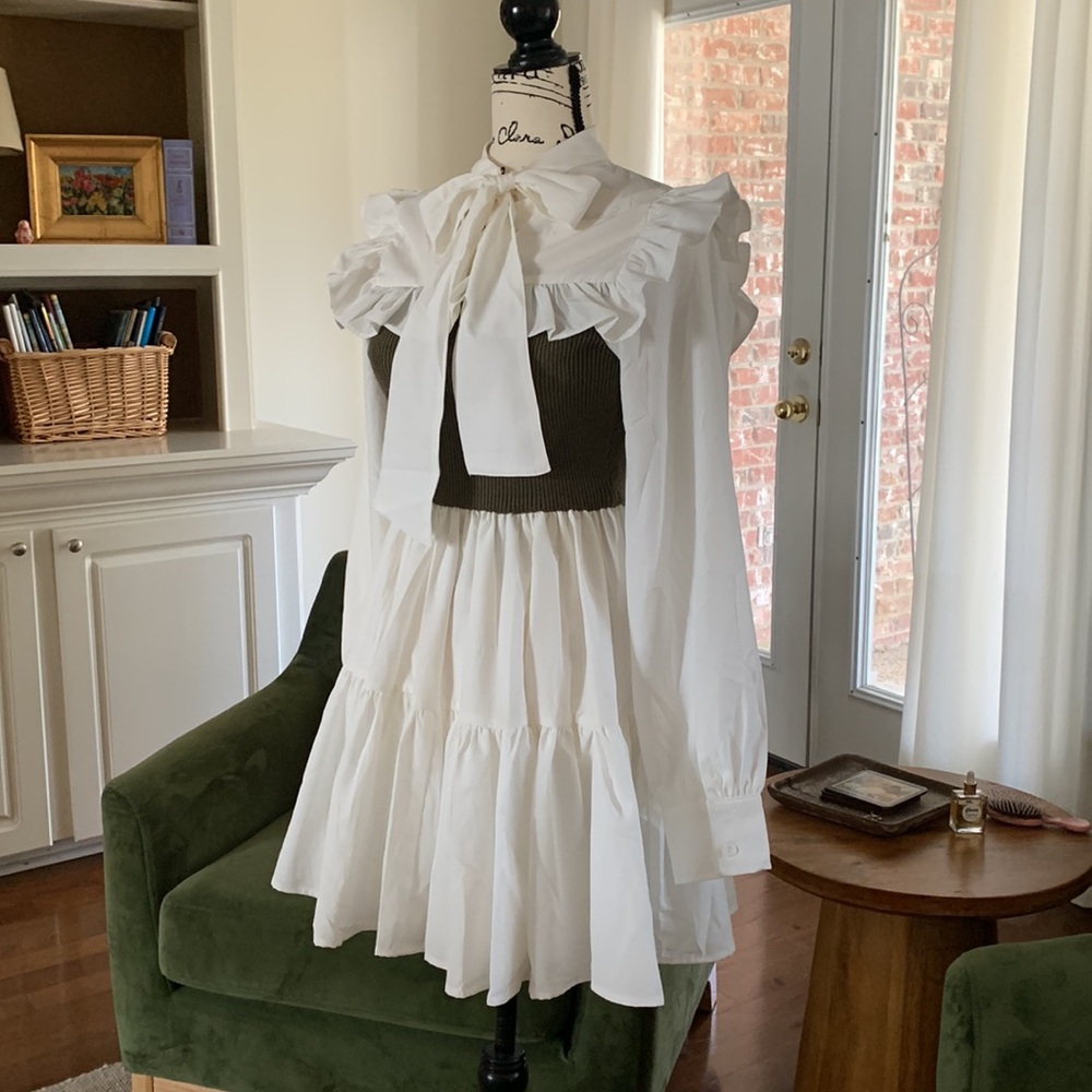 White Ruffled Dress with Bow Detail - Picture 2 of 7